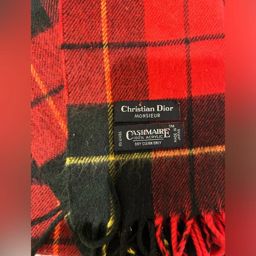 Christian Dior Red Black Cashmere Winter Lightweight Scarf Scarves Fringe EUC
